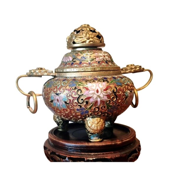 Vtg Large Chinese Cloisonné Brass Incense Burner Wood Stand Champleve Enamel - Picture 1 of 16